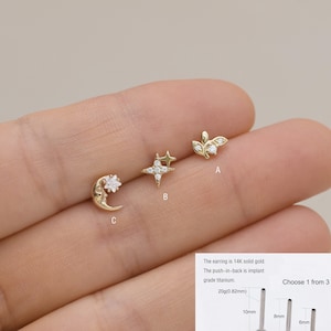 14k Solid gold double star tiny leaf stud Cartilage moon star Stud Earring conch earring stud helix stud tragus stud push in back