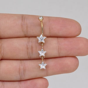 14k Solid Gold Dangle Star Belly Button Ring Triple Stars Belly Button Piercing Clear CZ Navel Piercing Curved Barbell Sparkling Navel Ring