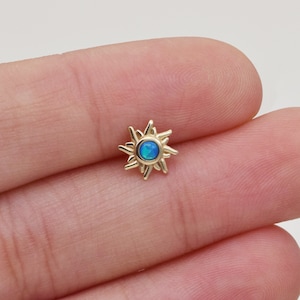 14k Solid Gold Sun Stud Earring Sunflower Cartilage Earring Conch Stud Helix Tragus earring Blue Opal Labret Stud Flat Back Earring 20g
