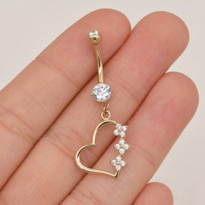 Piercing de umbigo em ouro maciço 14K, delicado, pendente, coração, piercing de umbigo com rosca, barra, joia para barriga, piercing corporal 14G
