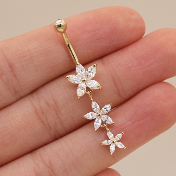 14k Oro macizo 14g 3 Dangly Flower Belly Button Ring Navel Piercing Threaded Navel Belly Ring Barbell Piercing Jewelry Flower Body Jewelry