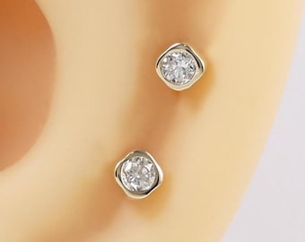 14k Solid Gold 0.03 ct Real Diamond Rose Stud Earring Gold Floral Cartilage Helix Stud Tragus Conch Nose Stud Piercing Flat Back Stud