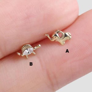 14K Solid Gold Dinosaur & Elephant Cartilage Earring Cute Animal Helix Stud Conch Earring Tragus Piercing Animal Jewelry Flat Back Earring