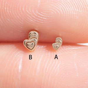 14k Solid Gold Double Heart Earring Layered Heart Helix Earring Tiny Cartilage Piercing Tragus Couch Stud Threadless End Flat Back Earring