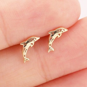 14K Solid Gold Dolphin Stud Earring, Gold Whale Stud Earring, Cartilage Stud Earring, Helix  Conch Stud, Ocean Lover Flat Back Earring