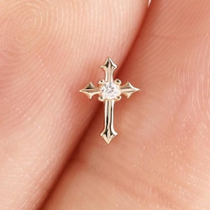 14k Solid Gold Gothic Cross Stud Earring Dainty Religious Helix Stud Mini Cross Conch Earring Tragus Piercing Flat Back Earring Labret Stud