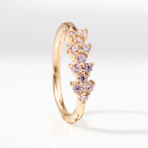 Anillo de oro macizo de 14 k con forma de torre y turmalina rosa, para hélice, cartílago, enredadera, aro con segmento de hoja, aro con clic para ombligo, aro con clic para trago.