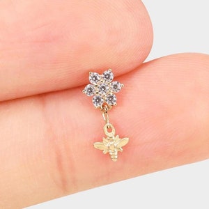 14k Solid Gold Flower Dangle Cartilage Earring Drop Bee Dangle Studs Dangle Tragus Earring Helix Stud Bee Conch Earring Flat Back Earring