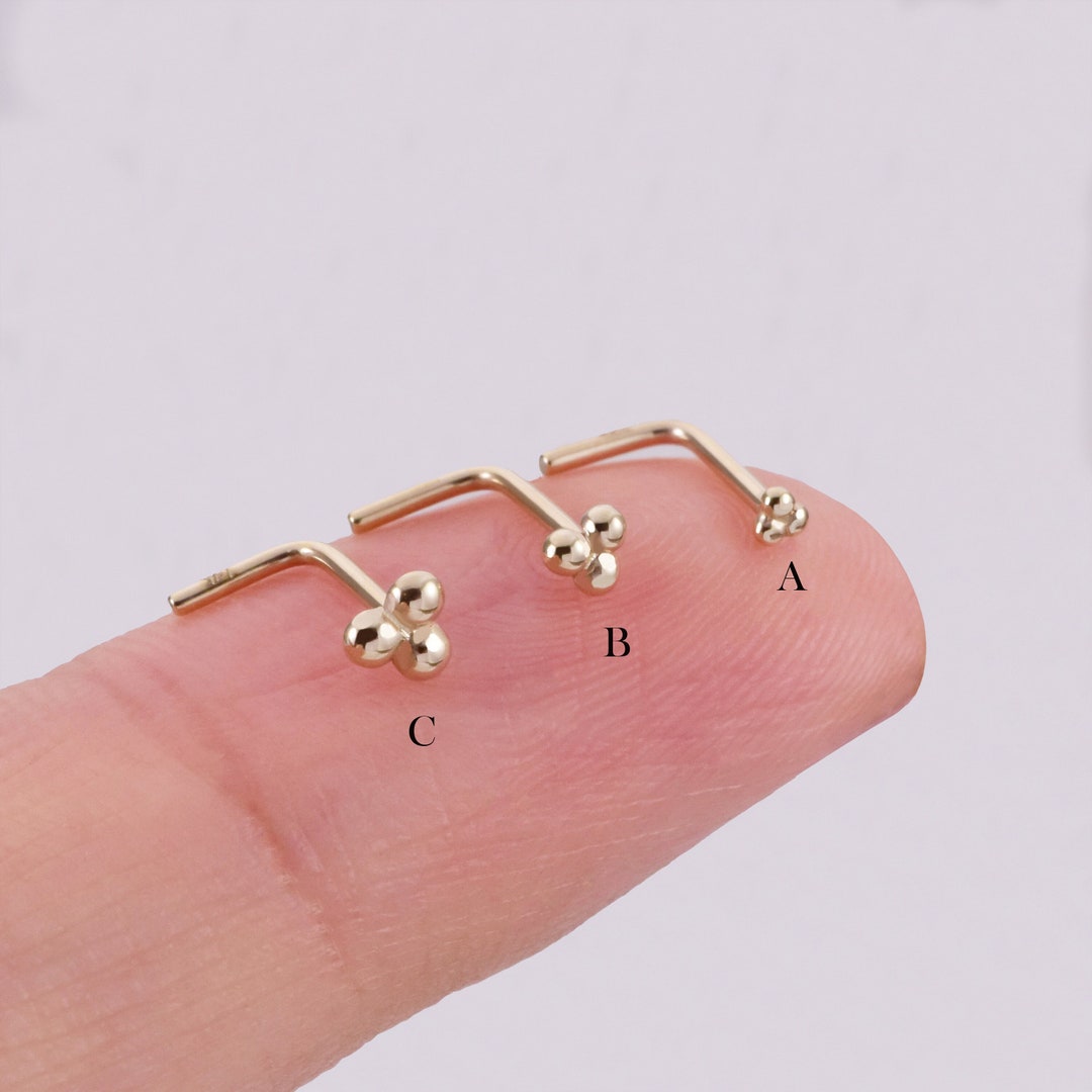 14k Solid Triple Ball Nose Stud L Shaped Nose Ring Gold Nose Piercing