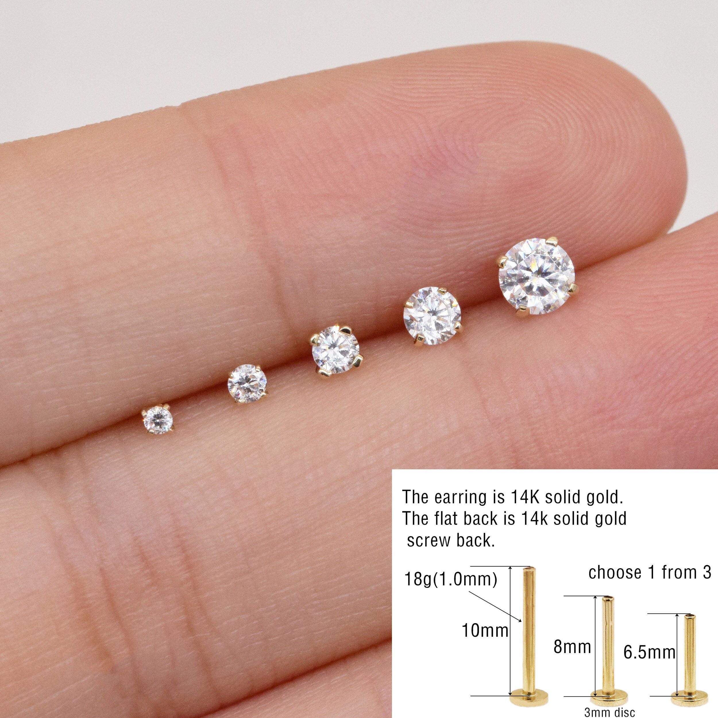 Tiny Stud Earrings, Screw Back Earrings, Small Studs, Sparly Cz Crystals,  Gold Stud Earrings, Cartilage Studs, 1.5mm, 2mm, 2.5mm, 3mm, 4mm 