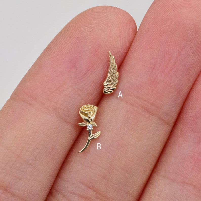 14k Solid Gold Rose Flower Stud Earring Cartilage Angel Wing Piercing Tragus Conch Earring Dainty Flower Helix Stud Screw Flat Back Earring image 2