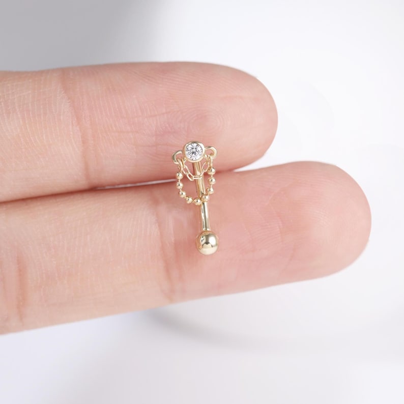 Faux Rook Dangle 14K Solid Gold Dangle Double Chain Rook Piercing: Internally Threaded ...