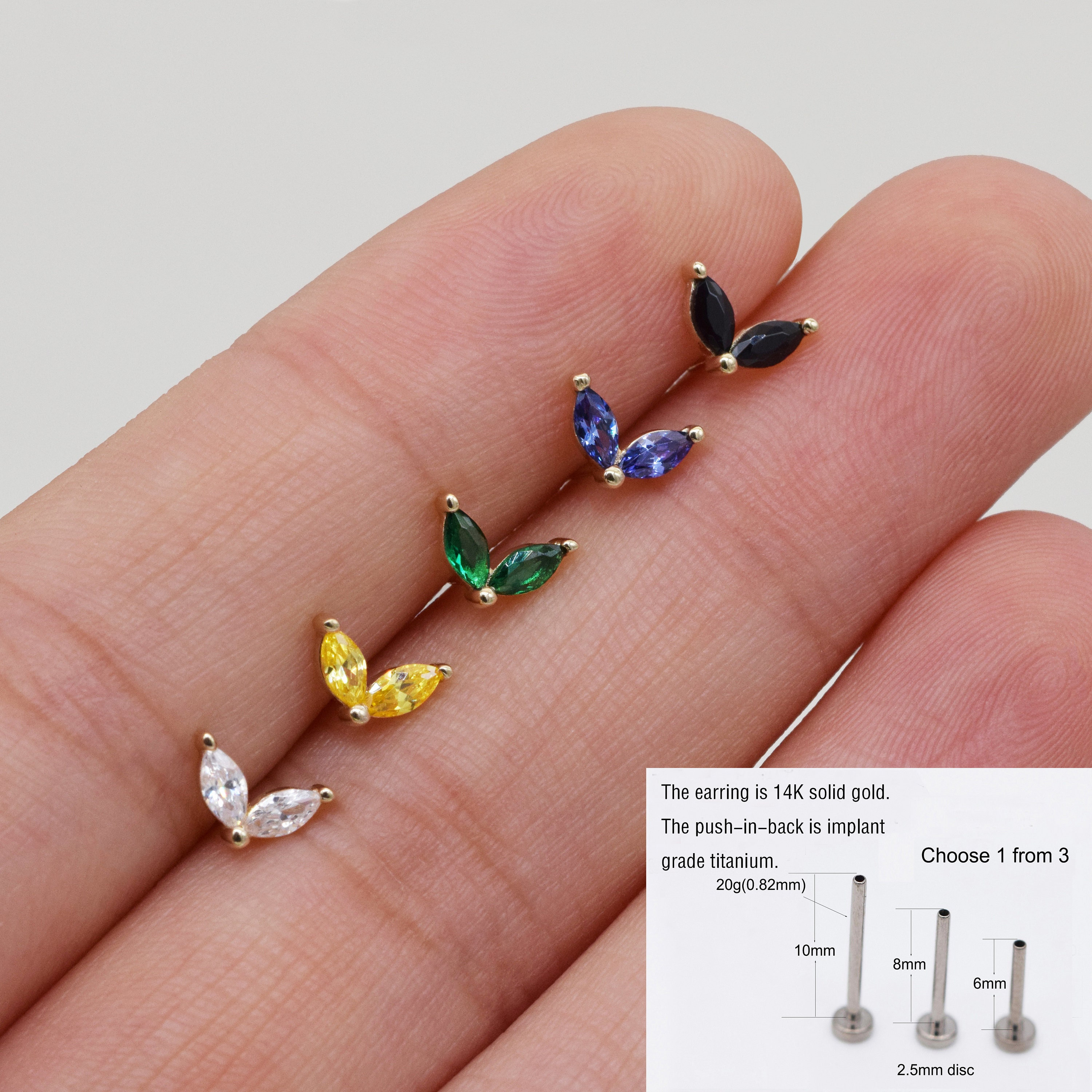 14k Solid Gold Leaf Marquise Conch Stud Earring ,Cartilage Stud,Helix Stud,Tragus Earring, Many Colors Studs, Flat Back Earring, Tiny Stud