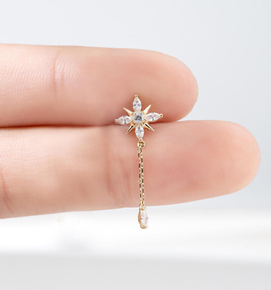 14k Solid Gold Star Dangle Chain Stud Clear CZ Cartilage Push Back Helix Piercing Stud Eight-pointed Star Threadless Flat Back Earring - Etsy