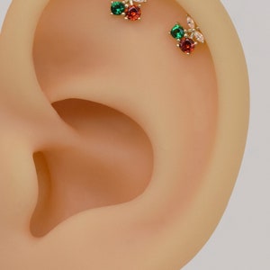 14k Solid Gold Dainty Cherry Stud Earring Cute Cartilage Stud Tragus Stud Conch Earring Helix Stud Color Stone Stud Labret Stud Push in Back image 3