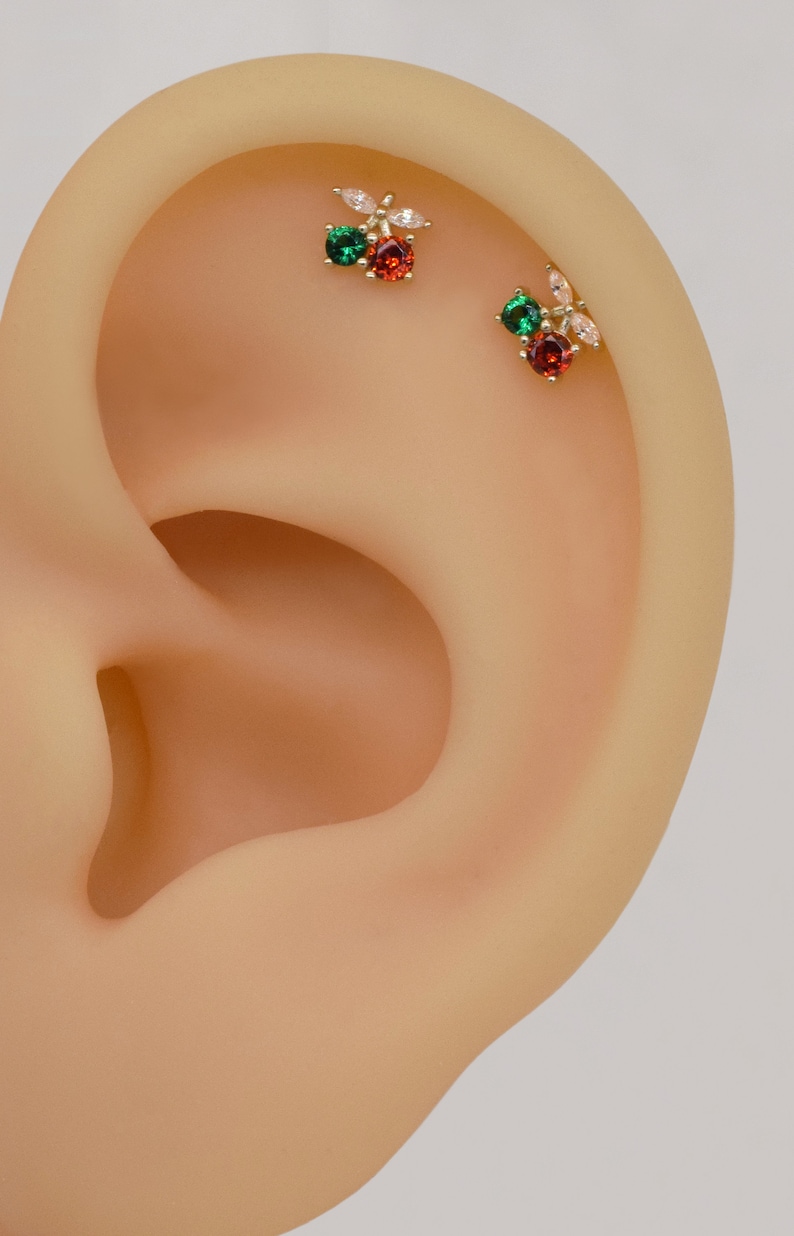 14k Solid Gold Dainty Cherry Stud Earring Cute Cartilage Stud Tragus Stud Conch Earring Helix Stud Color Stone Stud Labret Stud Push in Back image 3