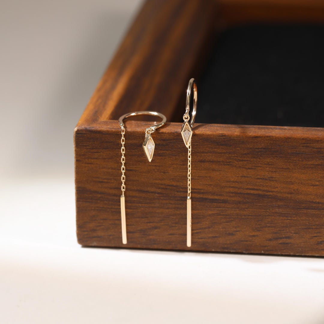 14K Solid Gold Moissanite Kite Threader, Dangle Chain Bar Cartilage Long Line Drop Earring - Etsy