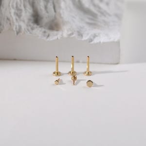 K&ouml;nnte beinhalten: Eine Sammlung goldfarbener K&ouml;rperschmuckst&uuml;cke, darunter drei flachr&uuml;ckenbesetzte Ohrstecker, drei Stifte und ein kleines, dekoratives St&uuml;ck. Der Schmuck ist auf einer wei&szlig;en Oberfl&auml;che angeordnet, mit einem weichen, strukturierten Hintergrund.