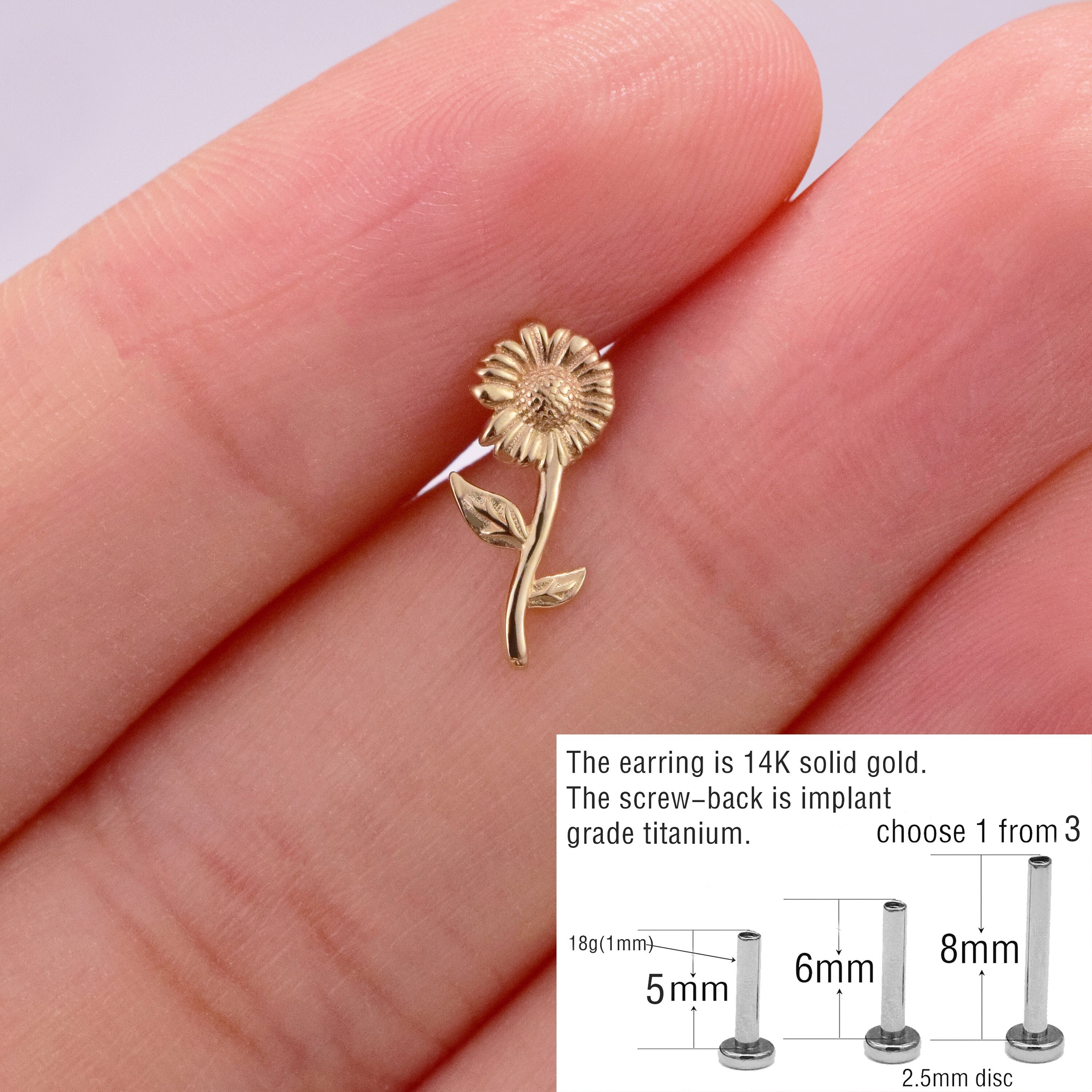 14k Solid Gold Sunflower Internally Threaded Cartilage Stud Conch Stud Sunflower Helix Stud Tragus Labret Stud Titanium Flat Screw Back