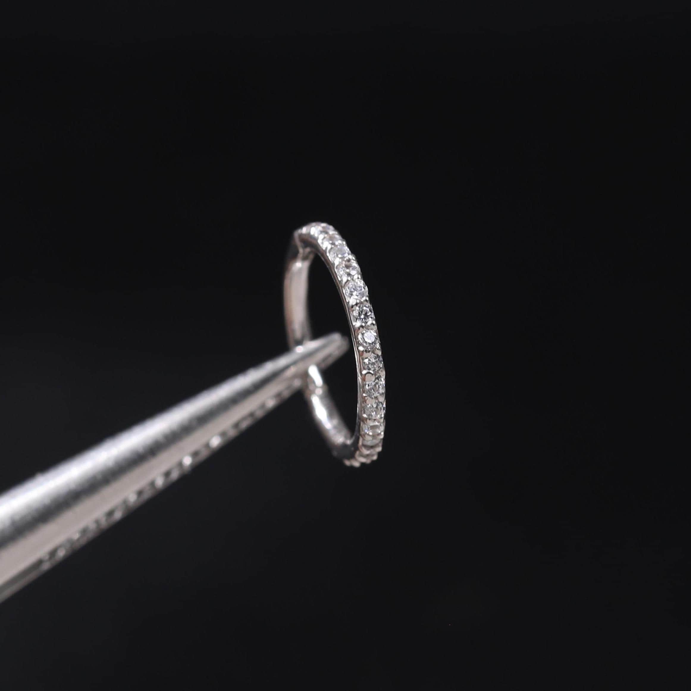 14k Solid White Gold Pave Diamond Helix Rook Clicker, Half Eternity Tragus Nose Piercing