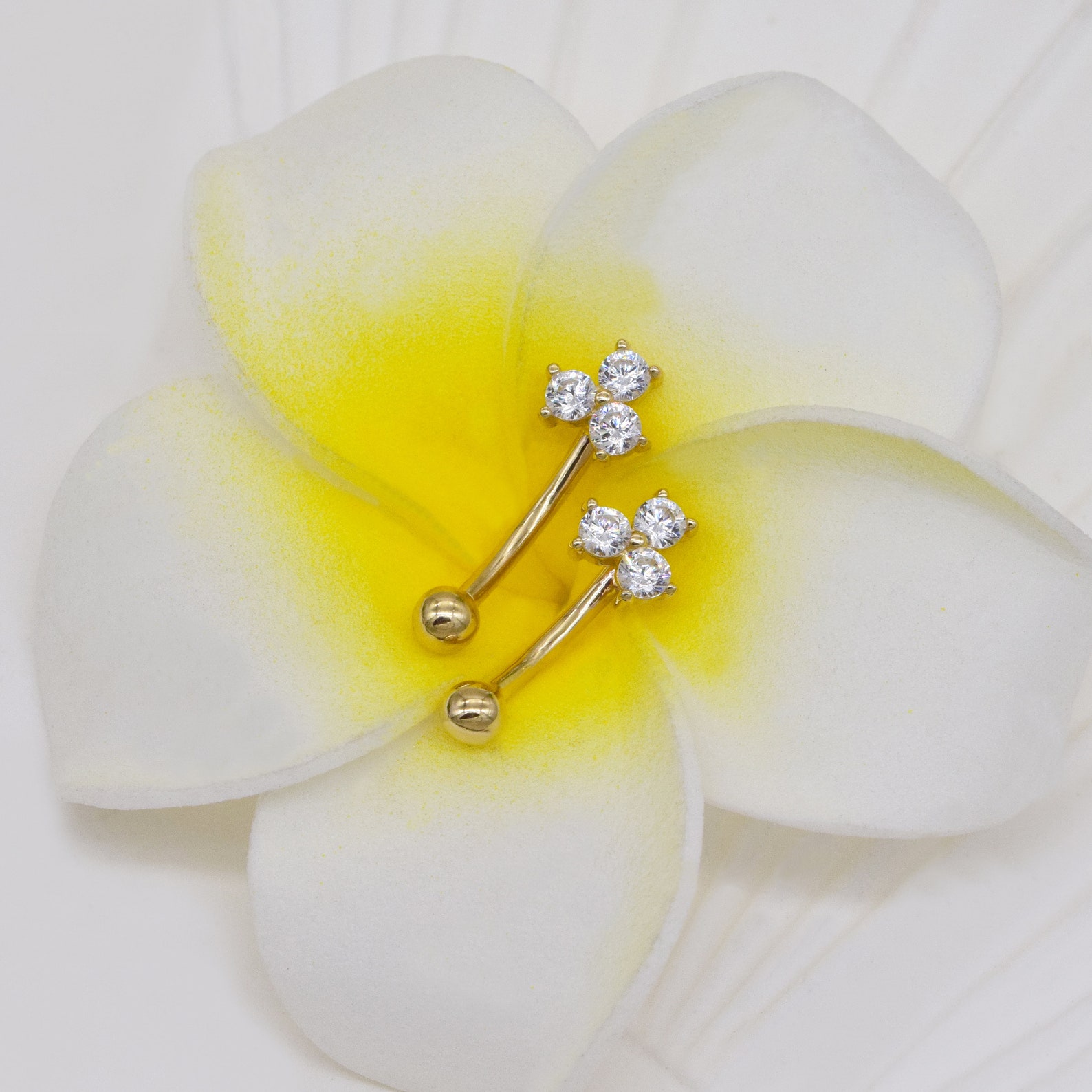 14K Solid Gold Three Stone Rook Piercing Flower Eyebrow Piercing Curved ...