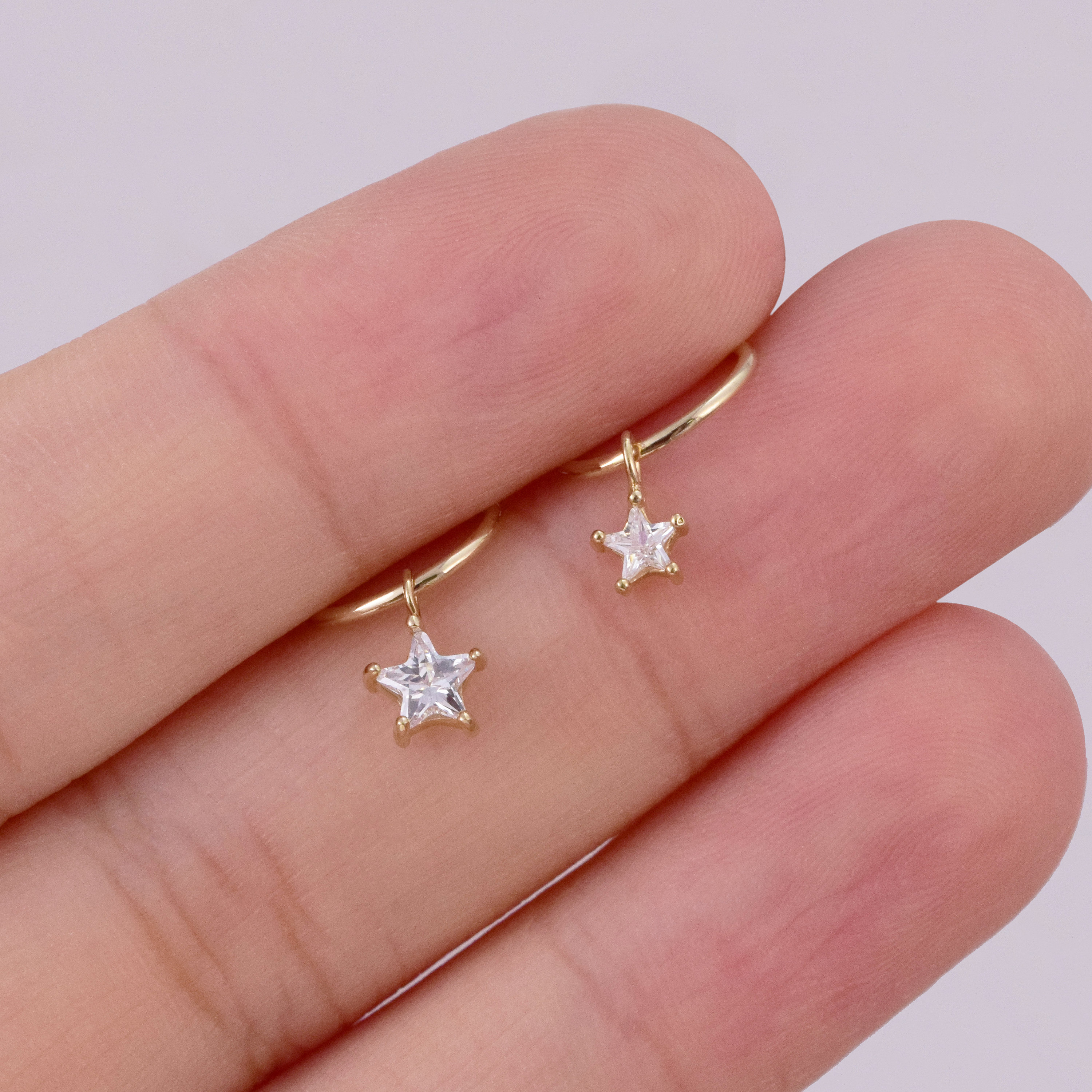 14K Solid Gold Pave Mini Star Huggie Charm Mini Star Charm Hoop Daith ...