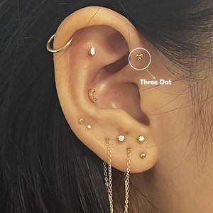 14k massief goud Three Dot kraakbeen Stud Earring Tiny Conch Earring kraakbeen Stud Helix Stud Tragus Stud Push in rug cadeau voor moeder afbeelding 2