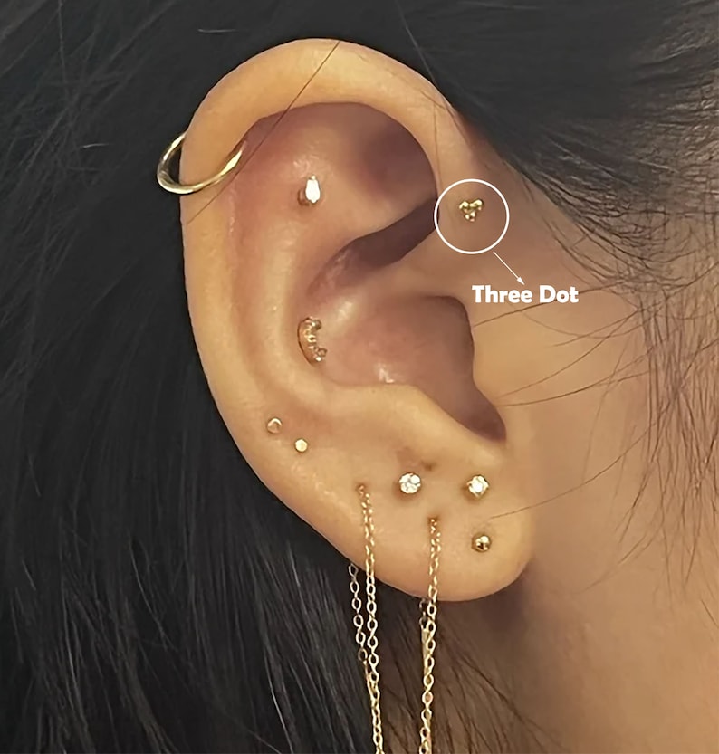 14k massief goud Three Dot kraakbeen Stud Earring Tiny Conch Earring kraakbeen Stud Helix Stud Tragus Stud Push in rug cadeau voor moeder afbeelding 2