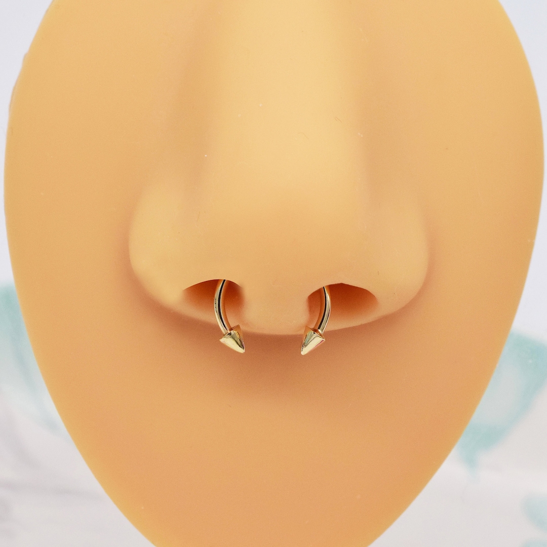 14k Solid Gold Horseshoe Nose Ring Spike End Circular Barbell Ring