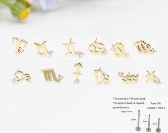 14k Solid gold Zodiac Cartilage Stud Earrings conch earrings tiny stud earrings cartilage stud helix stud tragus studs push in back