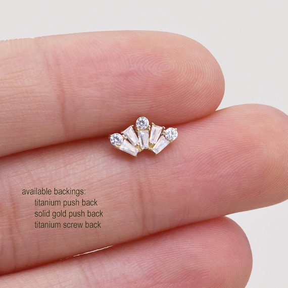 14K Solid Gold Fan Helix Flat Back Piercing, Diamond CZ Flower 