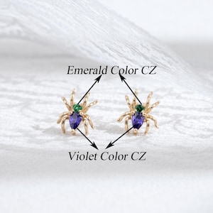 14k Solid Gold Emerald Spider Earring Violet CZ Helix Earring Cartilage Tragus Couch Earring Nose Stud Threadless End Animal Flat Back Stud image 4