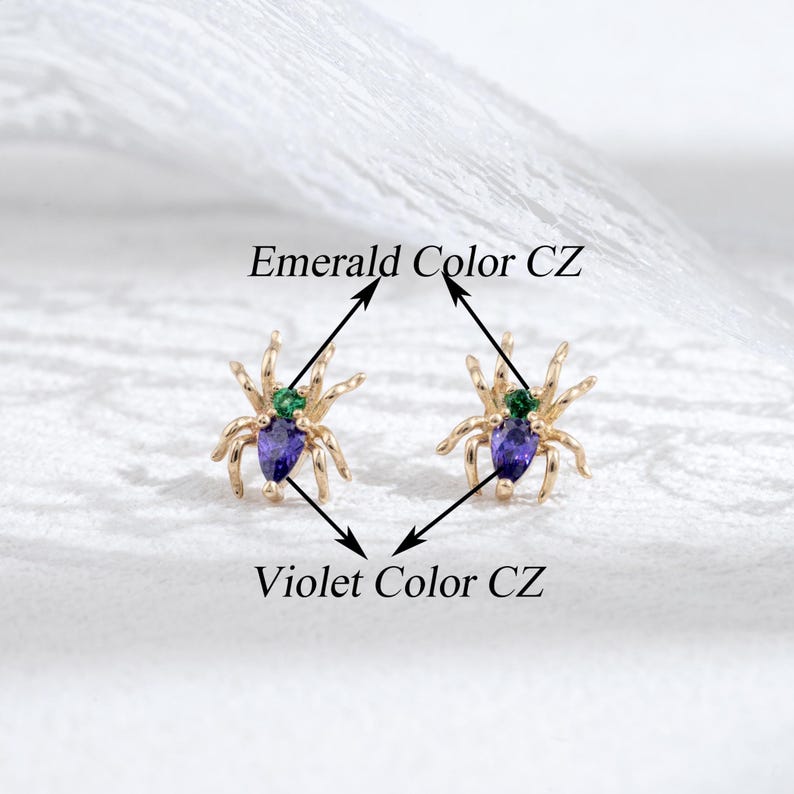 14k Solid Gold Emerald Spider Earring Violet CZ Helix Earring Cartilage Tragus Couch Earring Nose Stud Threadless End Animal Flat Back Stud image 4