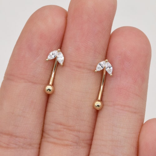 14K Solid Gold Marquise Stone Rook Piercing Leaf Eyebrow Piercing Flower Curved Barbell Ring Dainty Belly Button Ring Gold Body Jewelry 16g