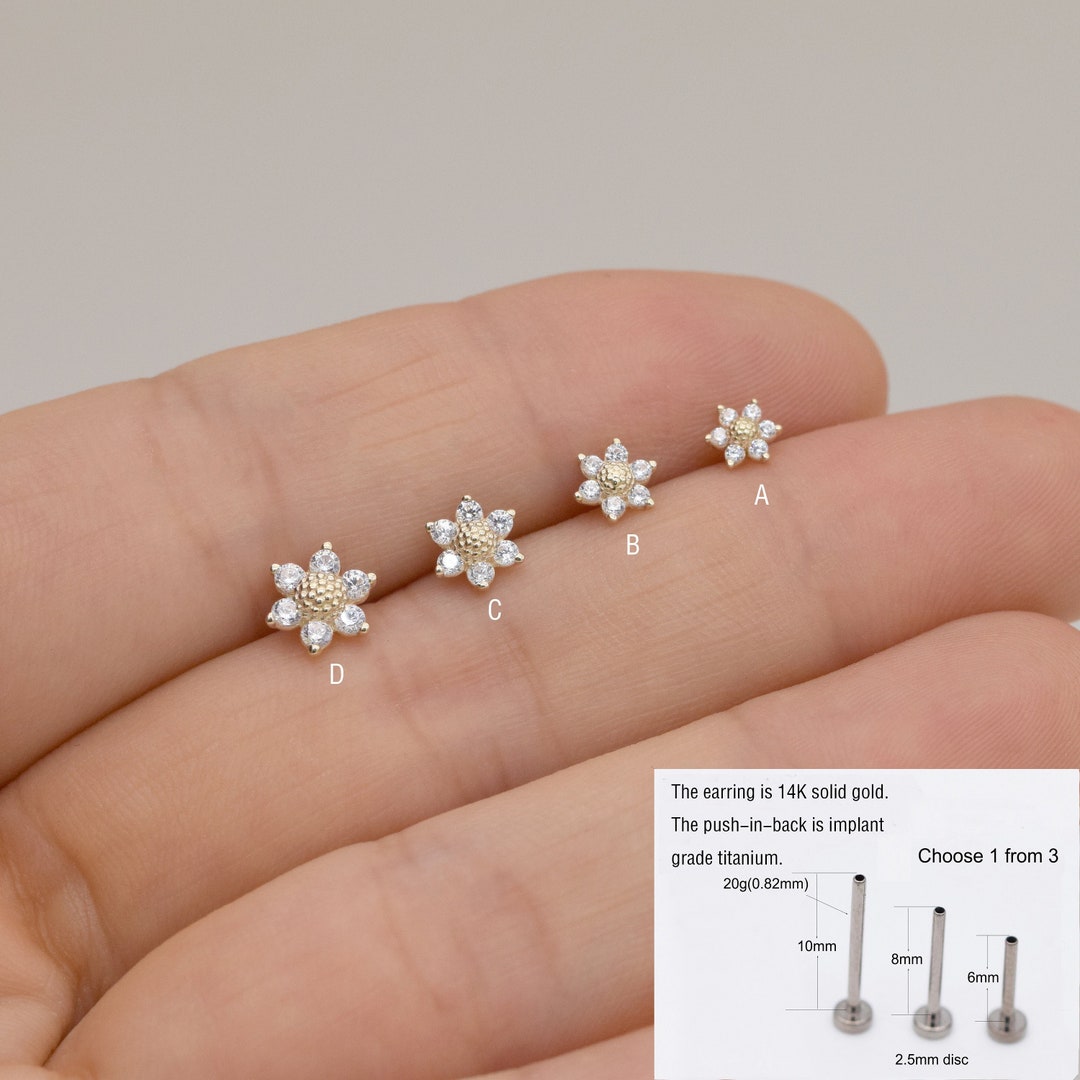 14k Solid Gold Sunflower Cluster Cartilage Stud Earring Conch Earring