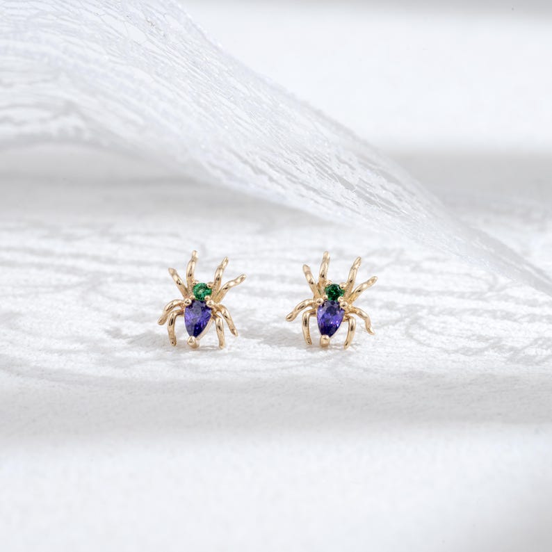 14k Solid Gold Emerald Spider Earring Violet CZ Helix Earring Cartilage Tragus Couch Earring Nose Stud Threadless End Animal Flat Back Stud image 7