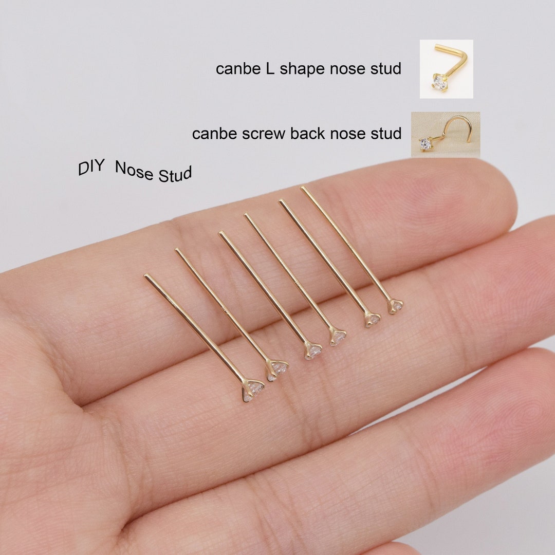 14k Solid Gold CZ Top Fish Tail Nose Ring DIY Nose Stud Classic Tiny