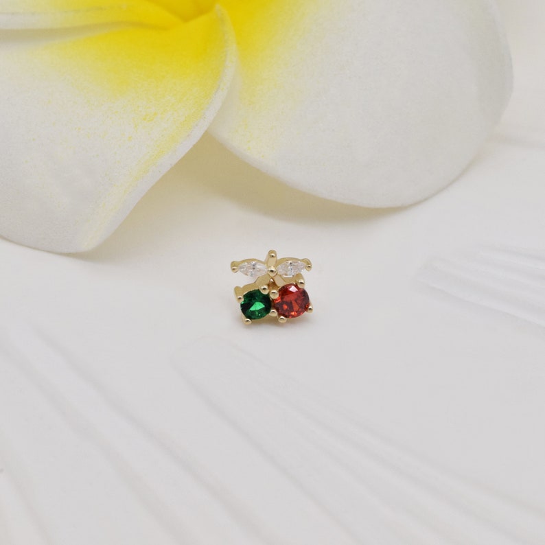 14k Solid Gold Dainty Cherry Stud Earring Cute Cartilage Stud Tragus Stud Conch Earring Helix Stud Color Stone Stud Labret Stud Push in Back image 5