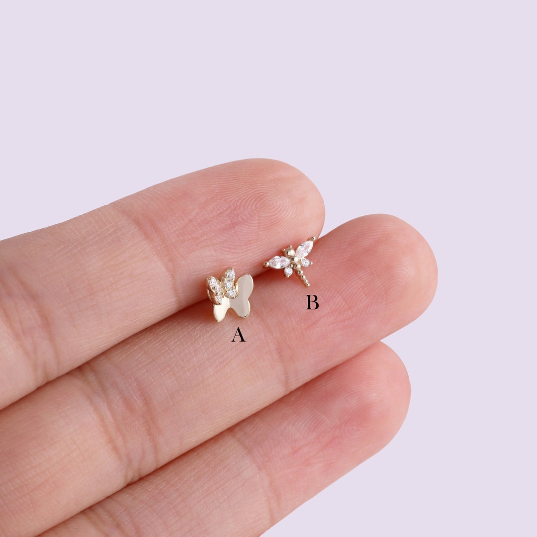 14K Solid Gold Dragonfly Cartilage Piercing, Butterfly Earring, Threadless Push in Labret Stud
