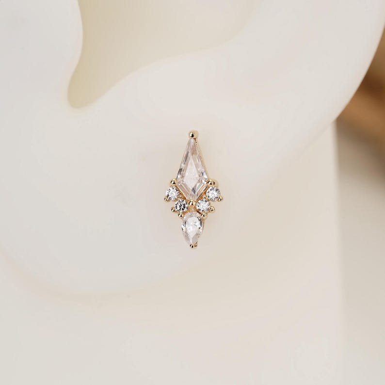 14k Solid Gold Kite Cut Clear CZ Cartilage Piercing Helix Conch Tragus Flat Back Earring