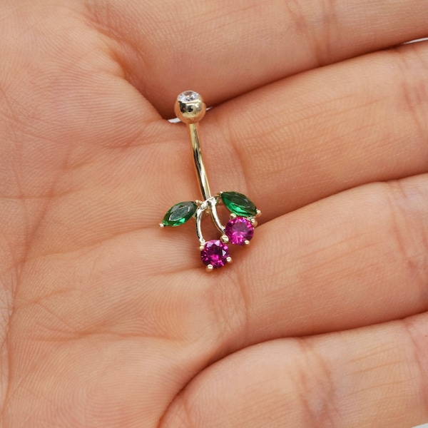 14k Solid Gold Cherry Belly Ring 14g navel piercing belly jewelry body jewelry Navel Piercing Barbell Jewelry