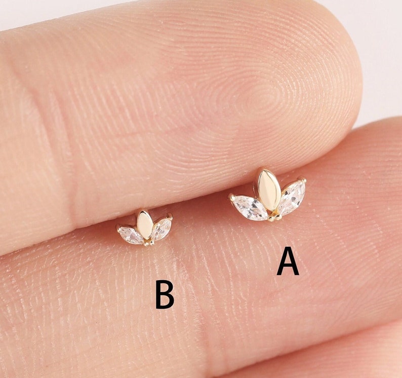 14K Solid Gold Lotus Cartilage Stud Earring, CZ Tiara Helix Earring, Tragus Jewelry, Labret Stud, Crown Earring, Flower Push in Back Stud