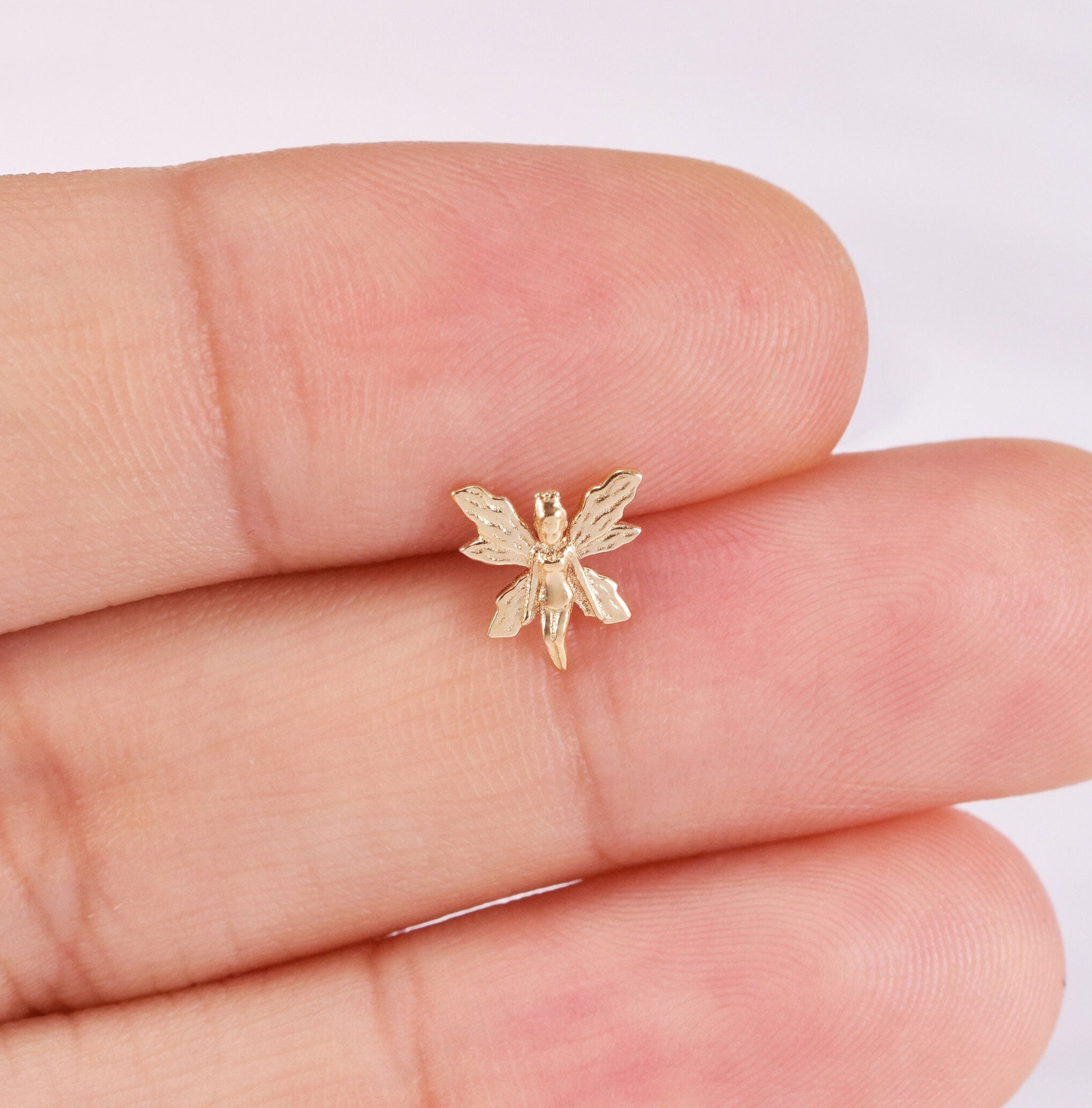 14k Solid Gold Elf Fairy Stud Earring Tiny Fairy Cartilage Earring Flower Fairy Earring Helix Stud Tragus Conch Earring Flat Back Earring
