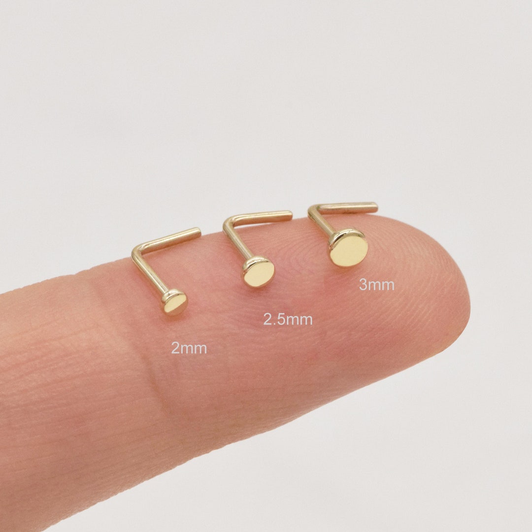14k Solid Gold Dot Nose Stud Tiny Flat Disc Nose Ring Various Disc Size