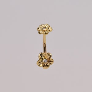 14k Solid Gold 14g Double flower Belly Button Ring Navel Piercing Threaded navel Belly Ring Piercing Jewelry Sunflower