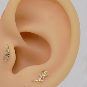 14k Solid Gold Rose Flower Stud Earring Cartilage Angel Wing Piercing Tragus Conch Earring Dainty Flower Helix Stud Screw Flat Back Earring image 3