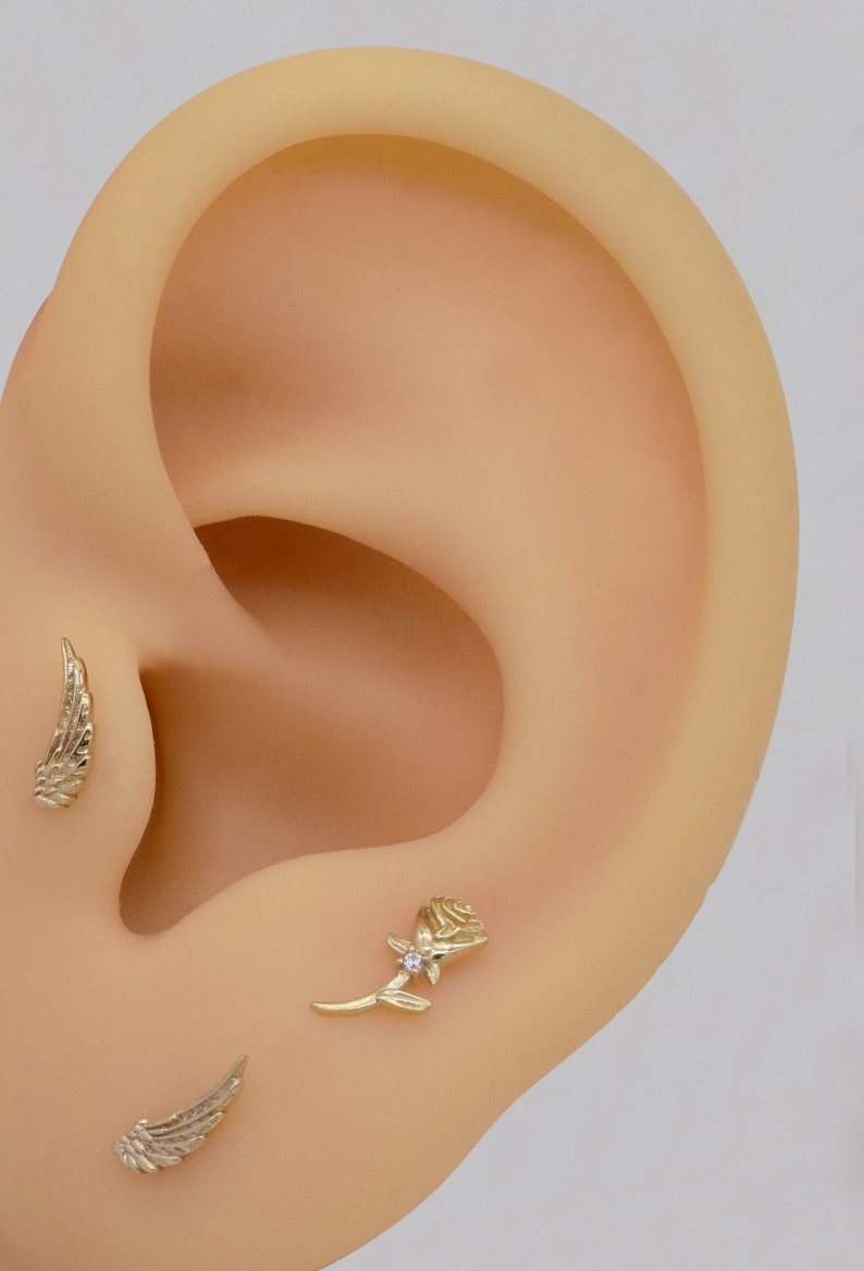 14k Solid Gold Rose Flower Stud Earring Cartilage Angel Wing Piercing Tragus Conch Earring Dainty Flower Helix Stud Screw Flat Back Earring image 3