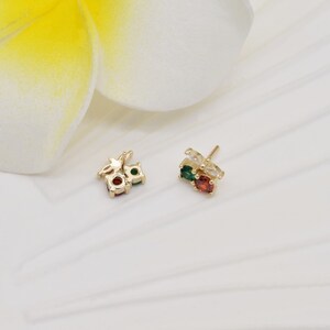 14k Solid Gold Dainty Cherry Stud Earring Cute Cartilage Stud Tragus Stud Conch Earring Helix Stud Color Stone Stud Labret Stud Push in Back image 7