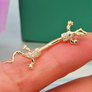 14k Solid Gold Gecko Navel Ring Dainty Reptile Belly Ring Unique Navel Jewelry Luxury Body Piercing Gold Navel Piercing 14g