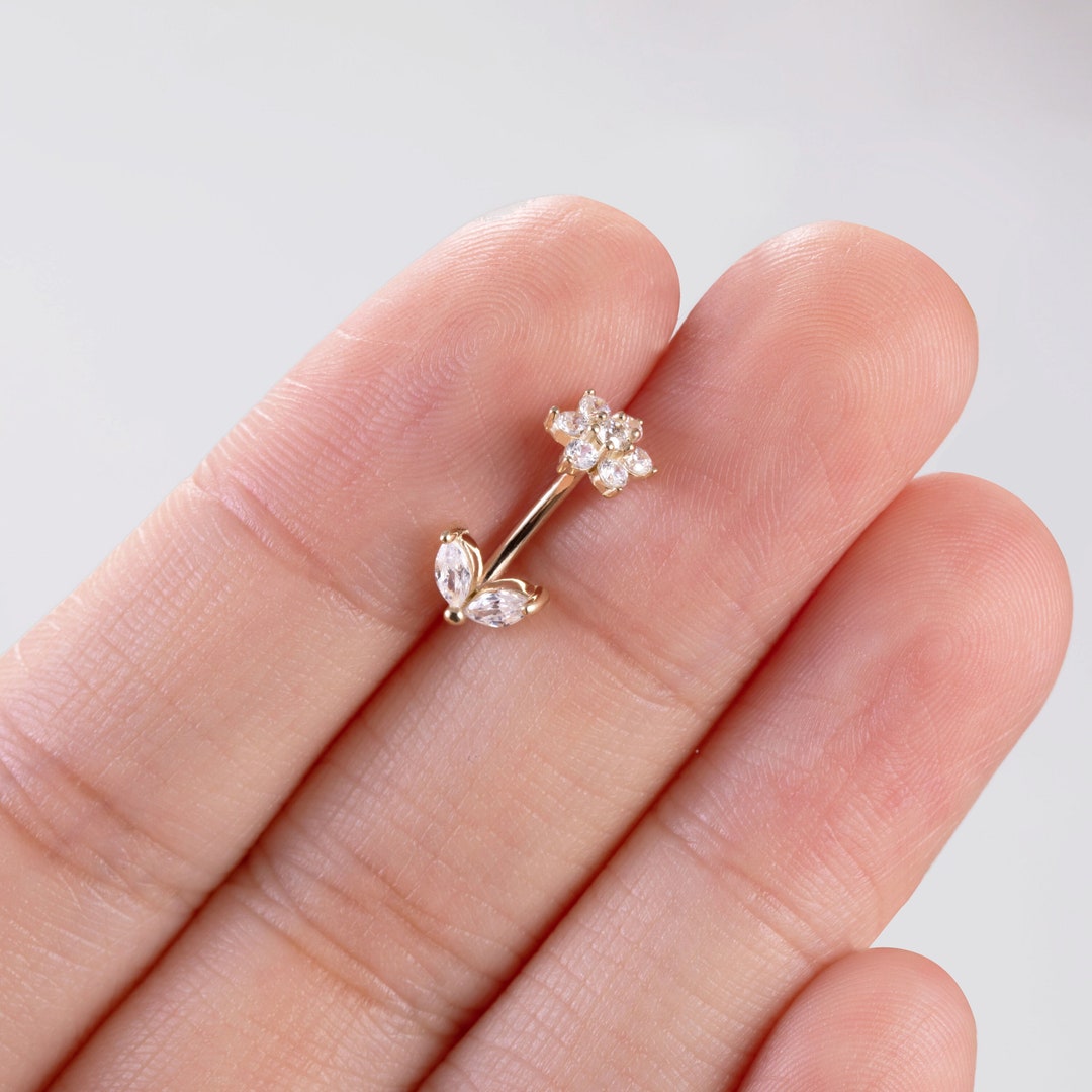 14K Solid Gold Flower Leave Rook Earring Gold Eyebrow Piercing Curved